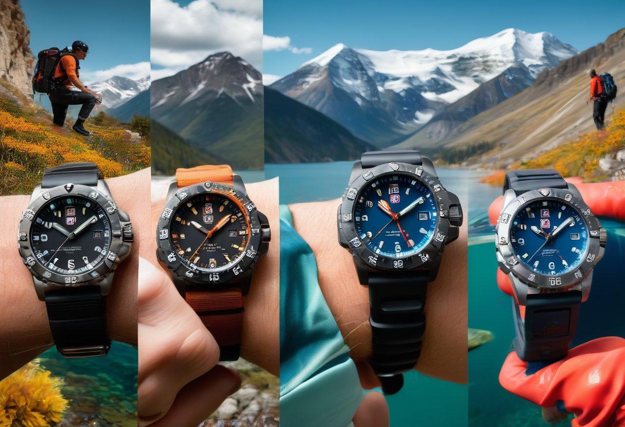A detailed collage of three Luminox watches: one on a rugged diver's wrist underwater with vibrant marine life, another on a hiker's wrist amidst a mountainous adventure with vibrant landscapes, and the third on a stylish business person's wrist in an urban setting against a sleek cityscape. super-realistic. vibrant colors.